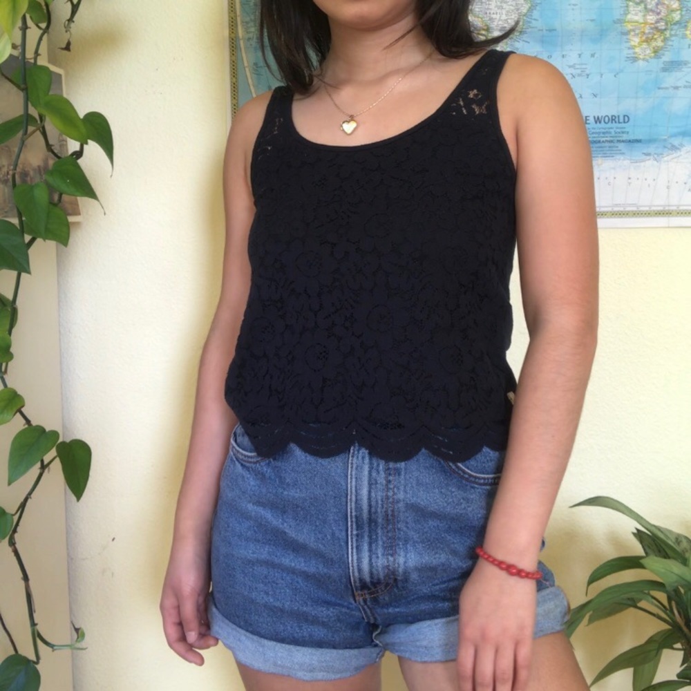 Navy lace scalloped edge tank top cami dark blue